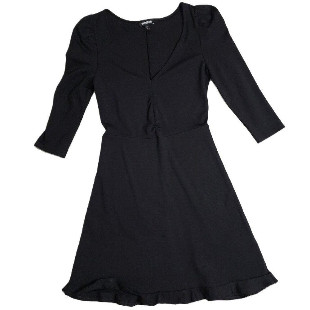 Express Fit & Flare Black V-Neck 3/4 Puff Sleeve w/Ruffle Hem Dress Size XS